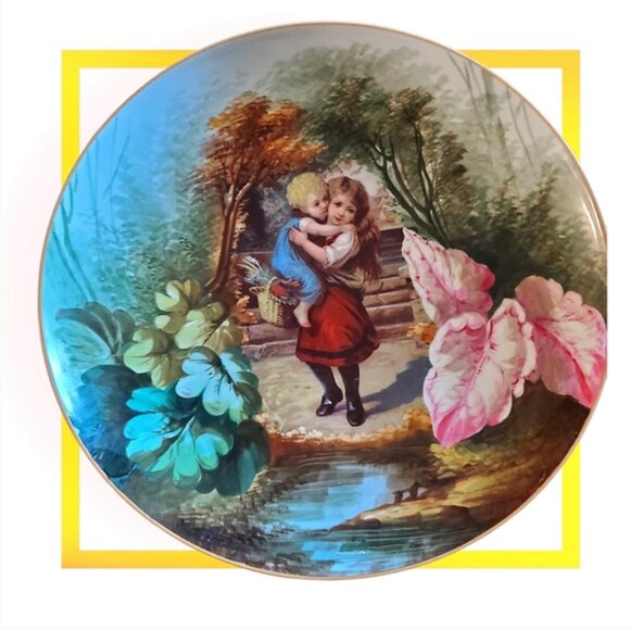 Vintage Porcelain Ornament Plate Depicting Siblings - Picture 1 of 3